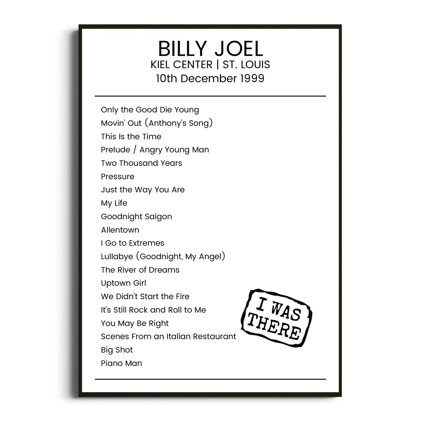 Billy Joel St. Louis 10 December 1999 Setlist Poster