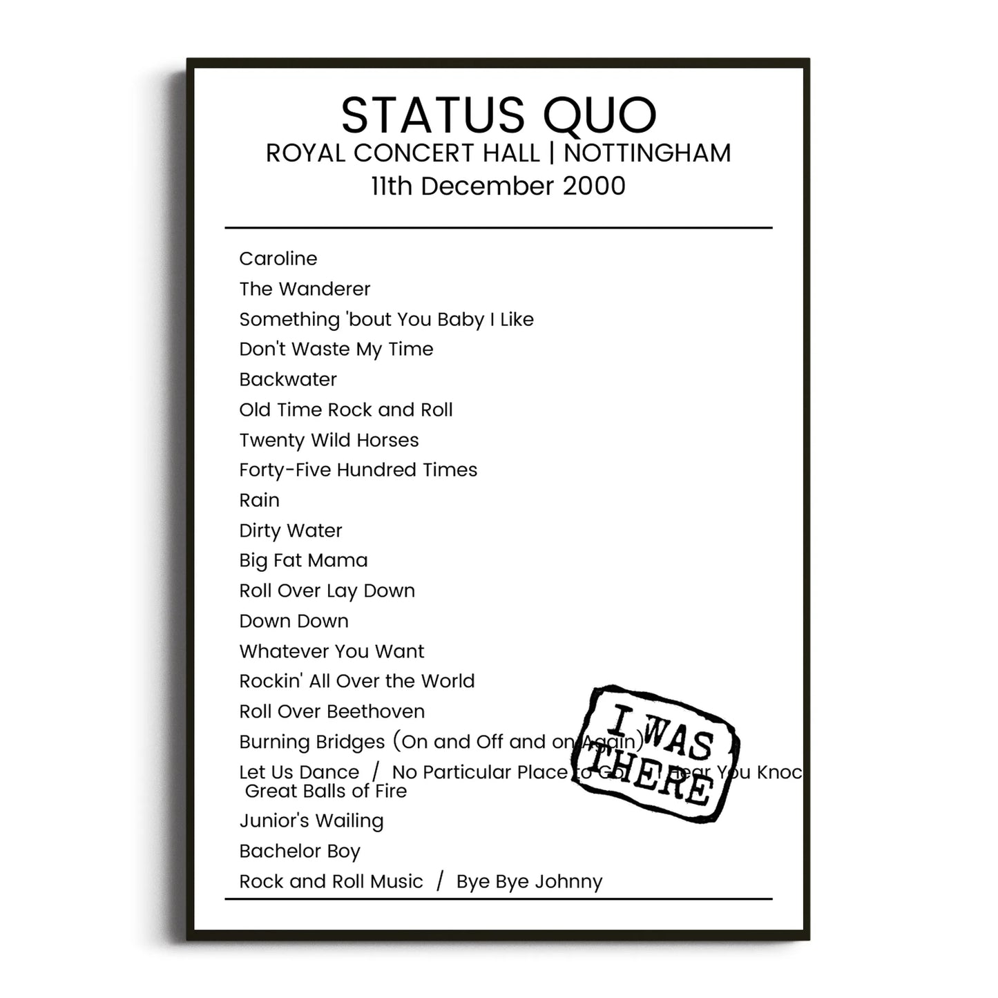 Status Quo Nottingham 11 December 2000 Setlist Poster