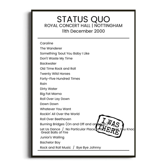 Status Quo Nottingham 11 December 2000 Setlist Poster