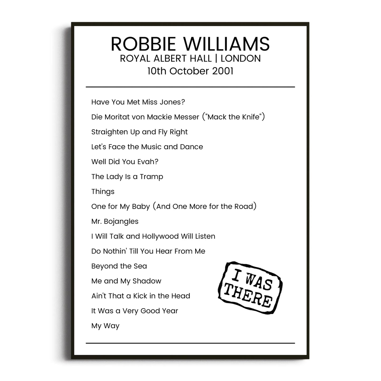 Robbie Williams London 10 October 2001 Setlist Poster