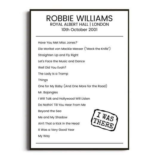 Robbie Williams London 10 October 2001 Setlist Poster