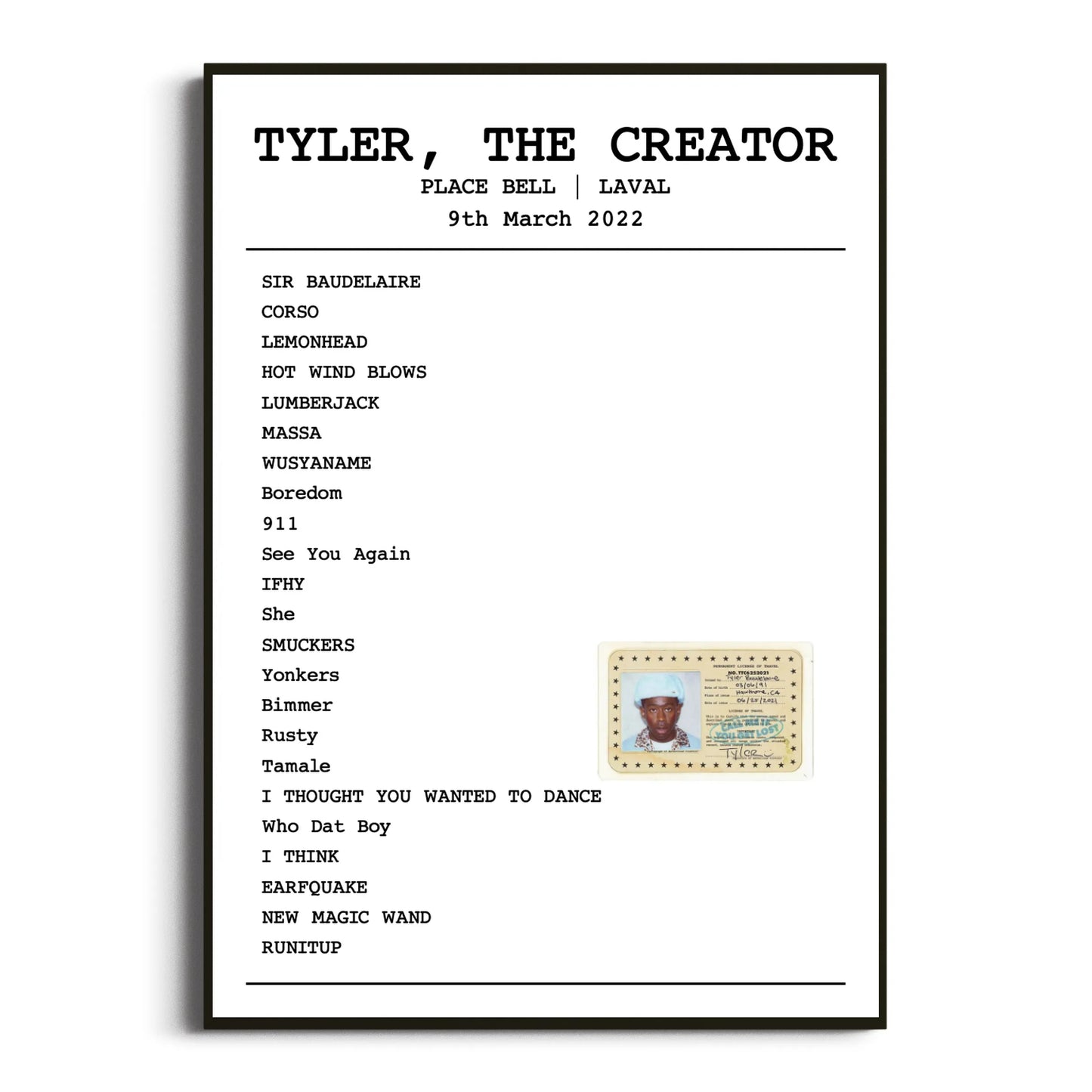 Tyler, The Creator Laval 09 March 2022 Setlist Poster