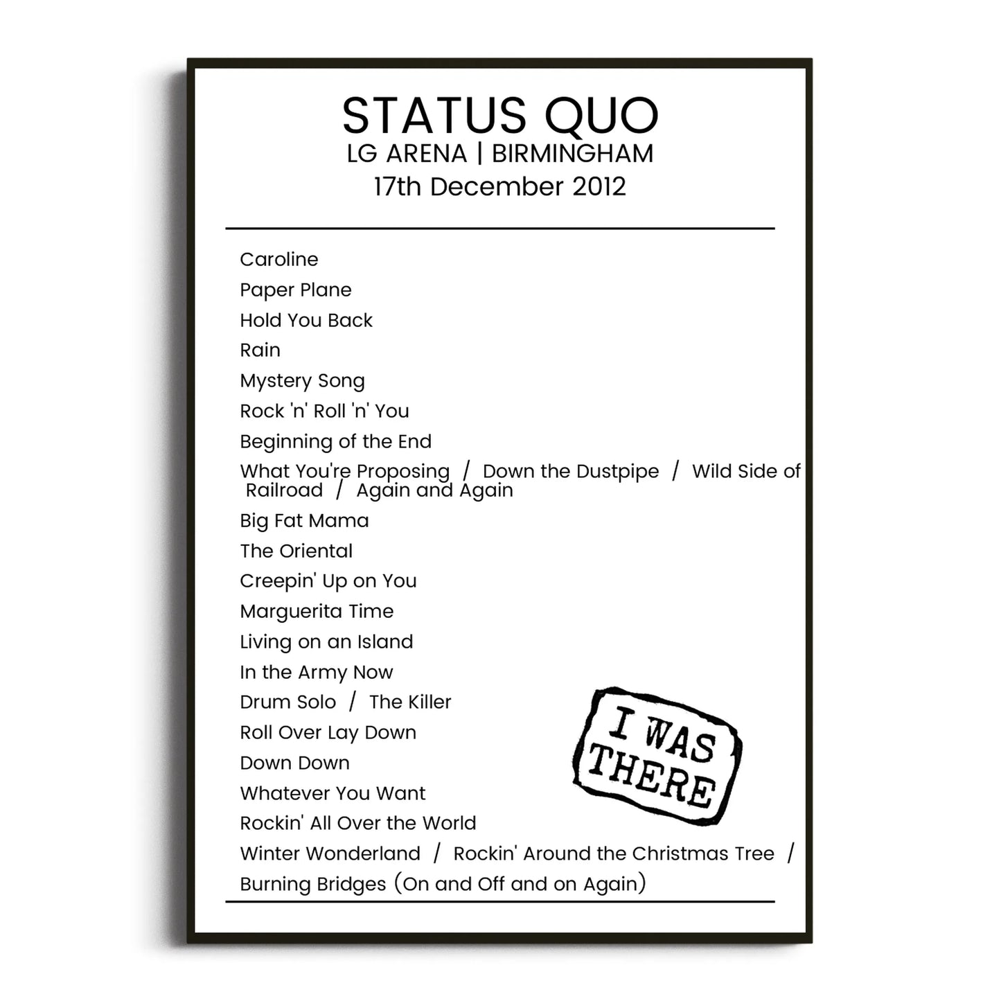 Status Quo Birmingham 17 December 2012 Setlist Poster