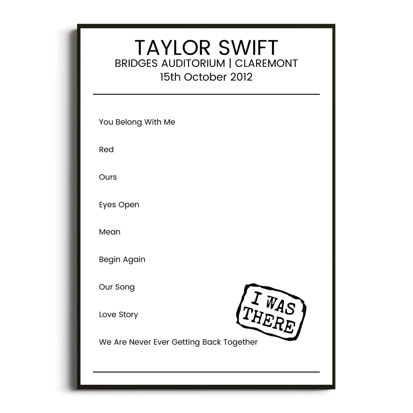 Taylor Swift Claremont 15 October 2012 Setlist Poster