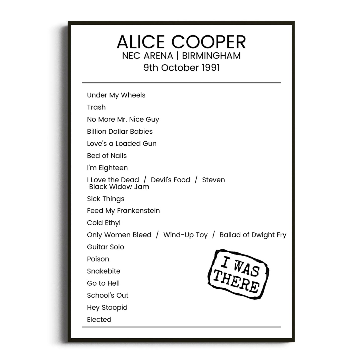 Alice Cooper Birmingham 09 October 1991 Setlist Poster