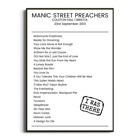 Manic Street Preachers Bristol 23 September 2013 Setlist Poster