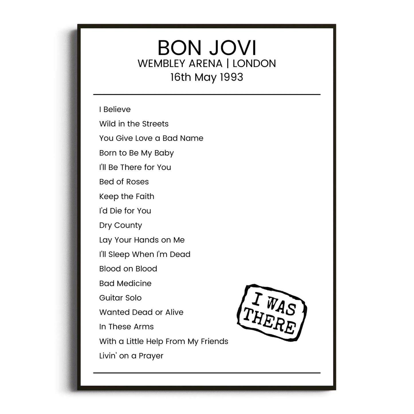 Bon Jovi London 16 May 1993 Setlist Poster