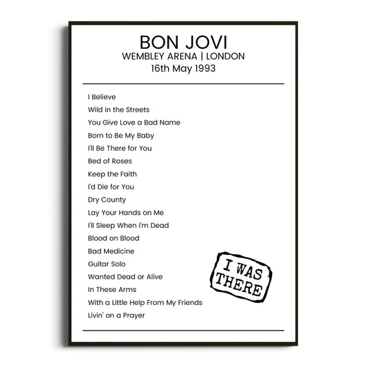 Bon Jovi London 16 May 1993 Setlist Poster