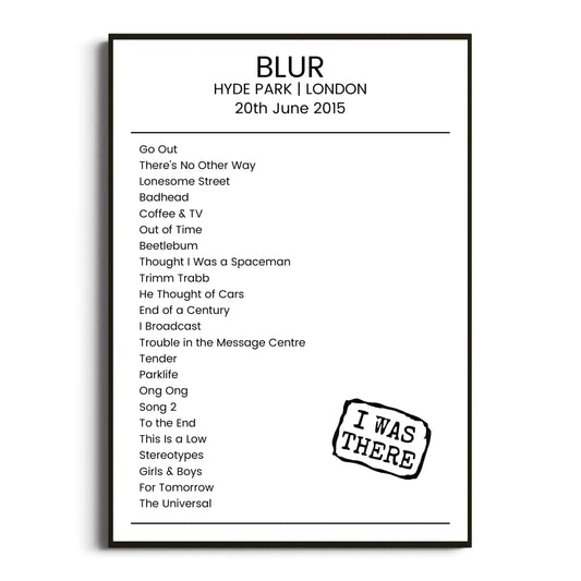 Blur London 20 June 2015 Setlist Poster