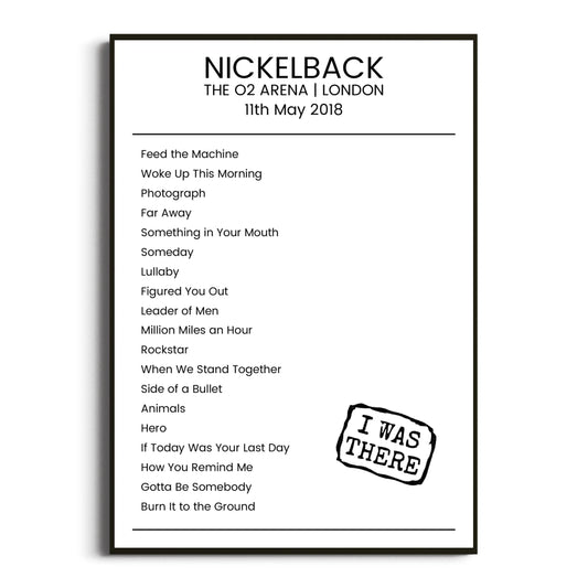 Nickelback London 11 May 2018 Setlist Poster