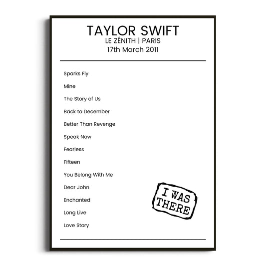 Taylor Swift Paris 17 March 2011 Setlist Poster