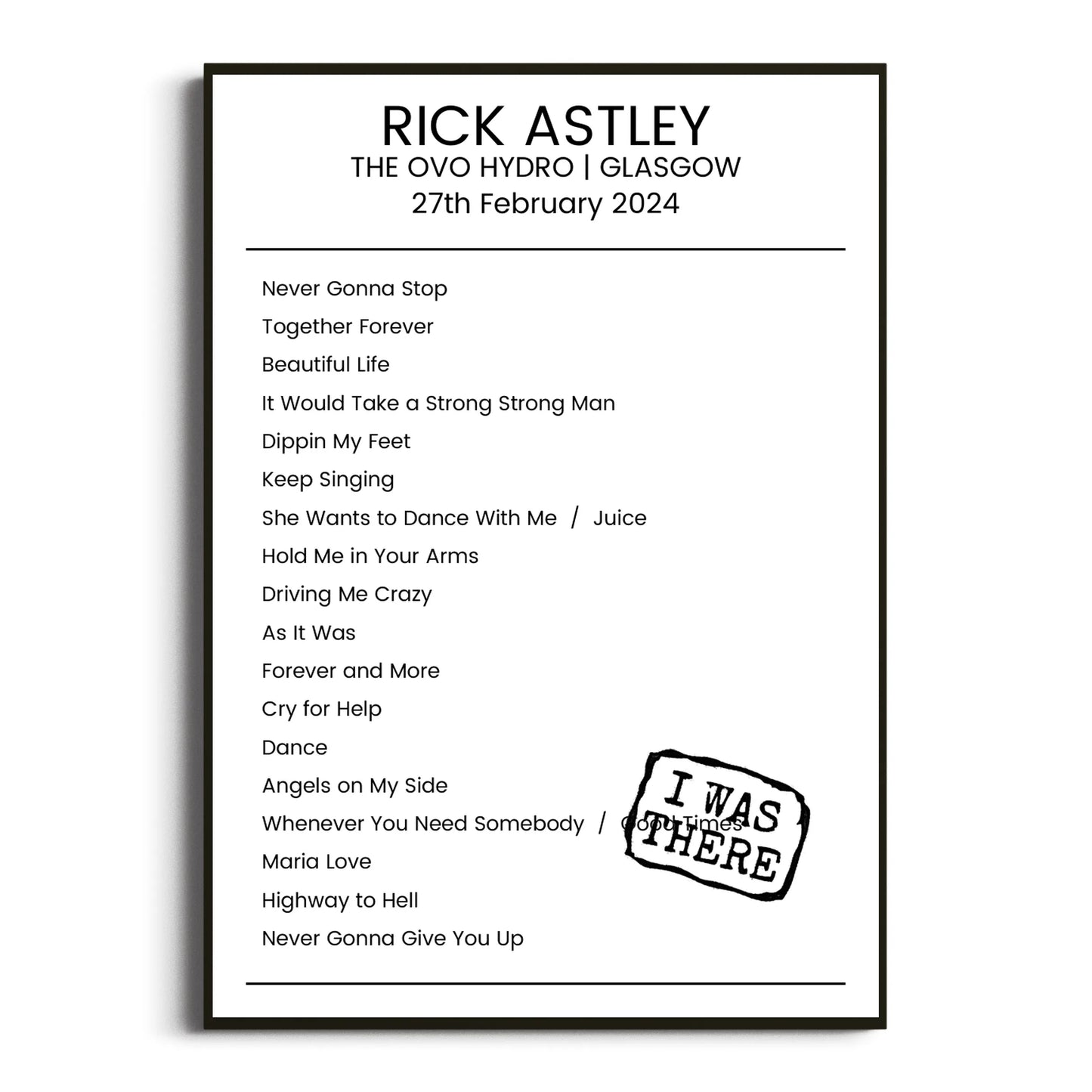 Rick Astley Glasgow 27 February 2024 Setlist Poster