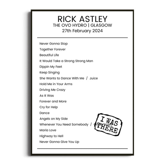 Rick Astley Glasgow 27 February 2024 Setlist Poster