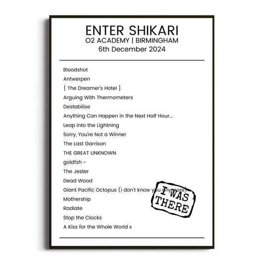 Enter Shikari Birmingham 06 December 2024 Setlist Poster