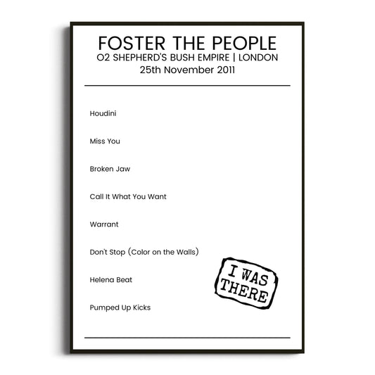 Foster the People London 25 November 2011 Setlist Poster