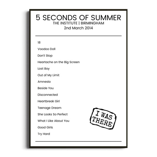 5 Seconds of Summer Birmingham 02 March 2014 Setlist Poster