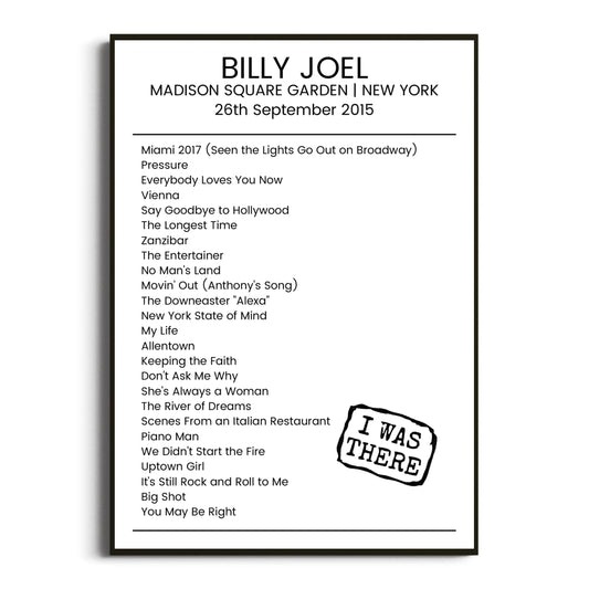 Billy Joel New York 26 September 2015 Setlist Poster