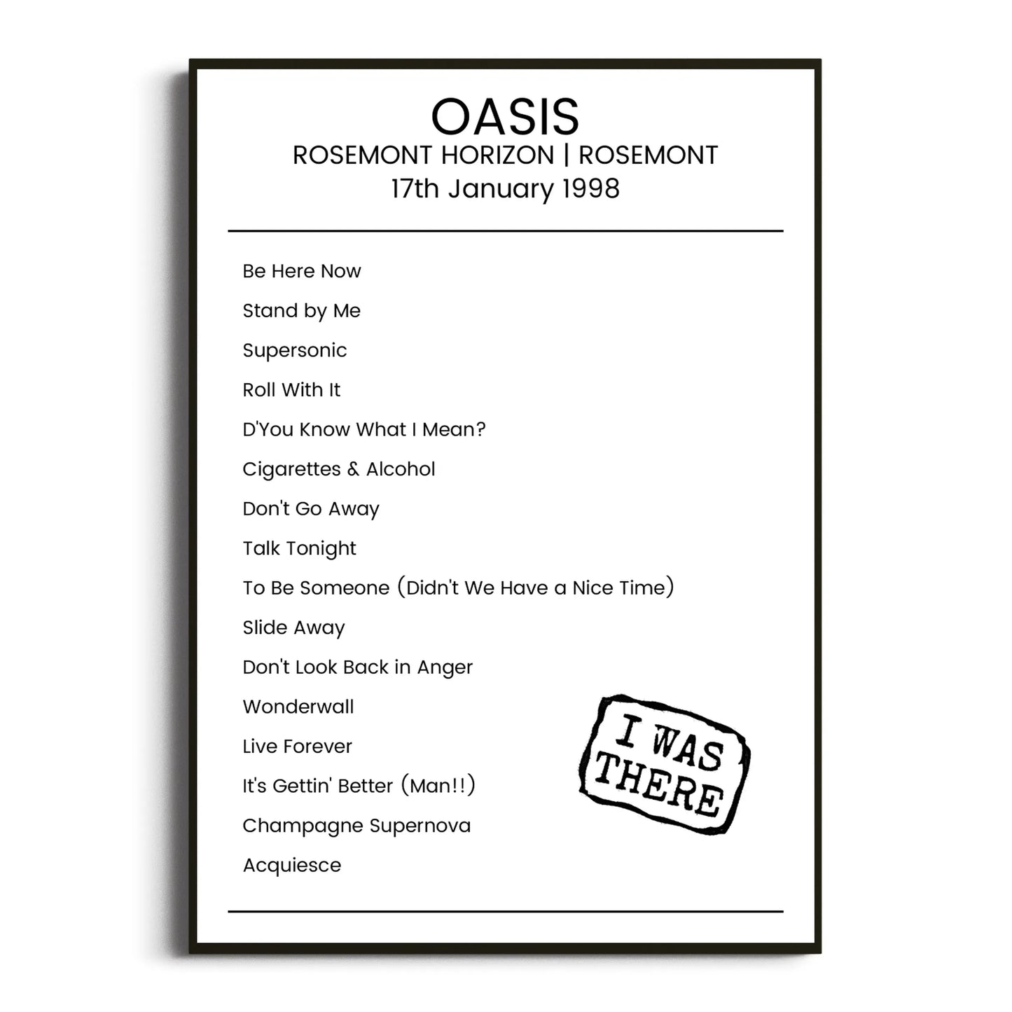 Oasis Rosemont 17 January 1998 Setlist Poster