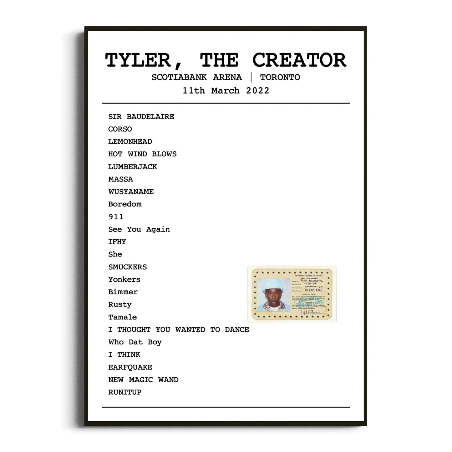 Tyler, The Creator Toronto 11 March 2022 Setlist Poster