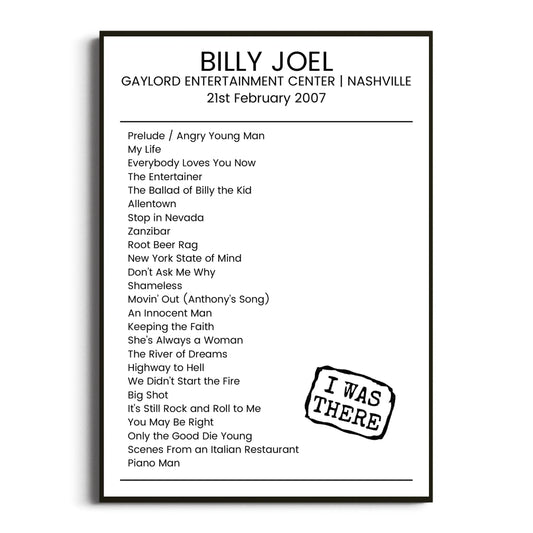 Billy Joel Nashville 21 February 2007 Setlist Poster