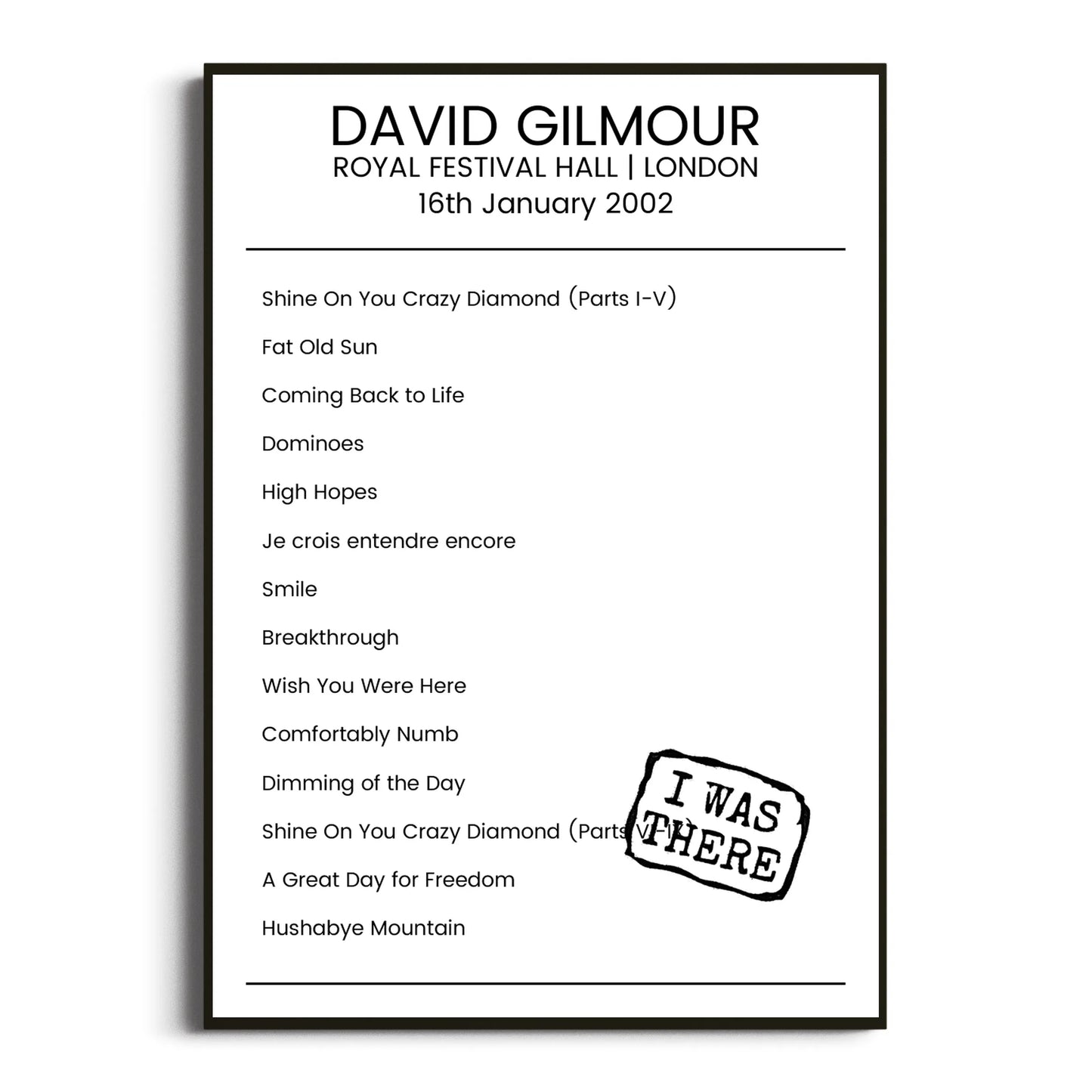 David Gilmour London 16 January 2002 Setlist Poster