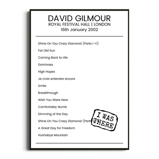 David Gilmour London 16 January 2002 Setlist Poster