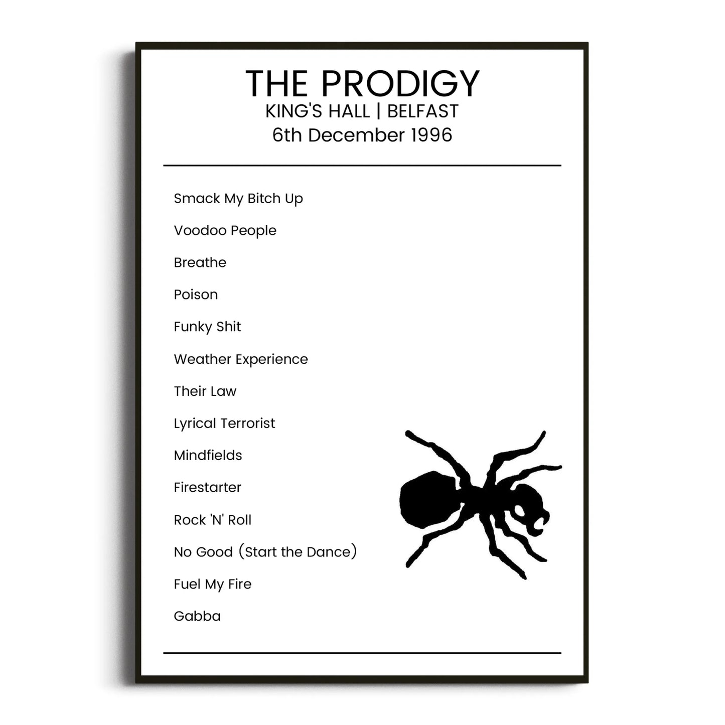 The Prodigy Belfast 06 December 1996 Setlist Poster