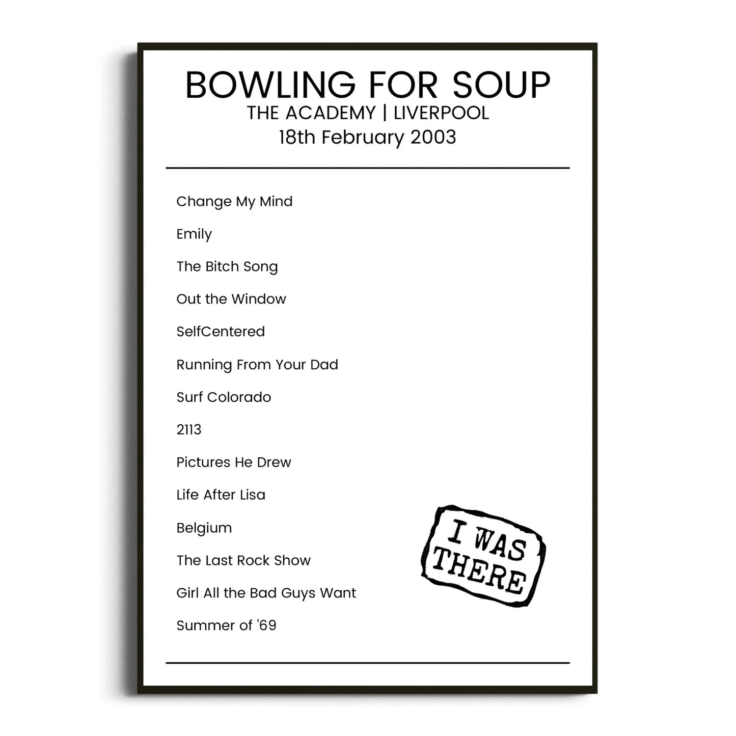 Bowling for Soup Liverpool 18 February 2003 Setlist Poster