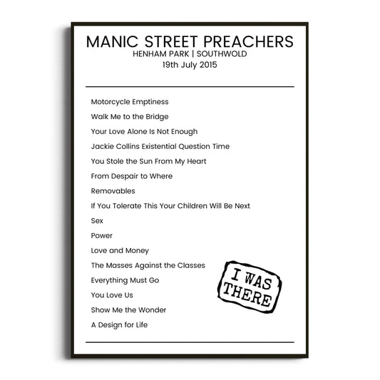 Manic Street Preachers Southwold 19 July 2015 Setlist Poster