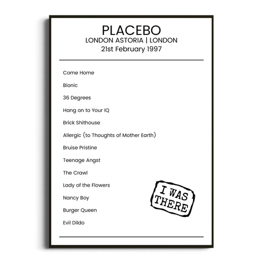 Placebo London 21 February 1997 Setlist Poster