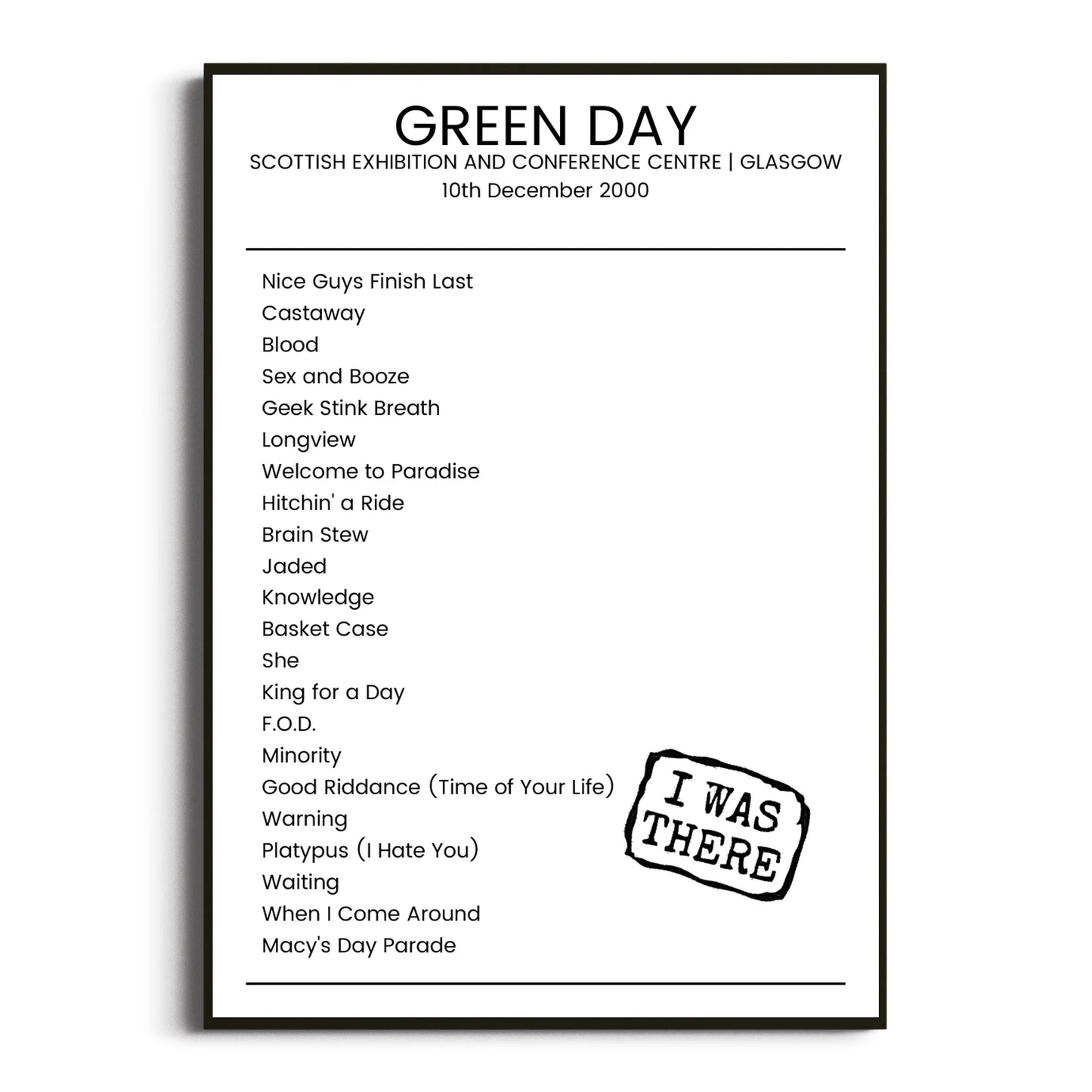 Green Day Glasgow 10 December 2000 Setlist Poster