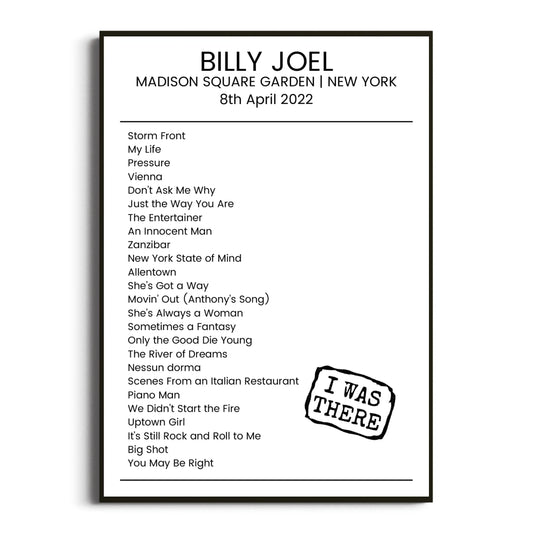 Billy Joel New York 08 April 2022 Setlist Poster