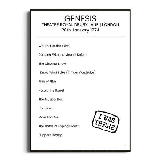 Genesis London 20 January 1974 Setlist Poster