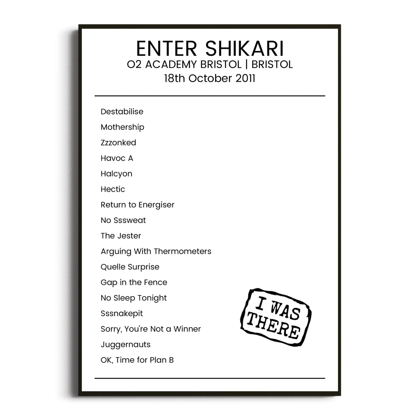 Enter Shikari Bristol 18 October 2011 Setlist Poster