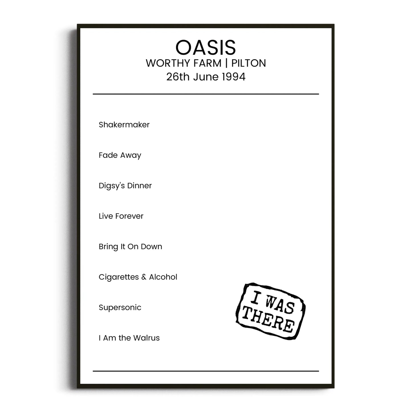 Oasis Pilton 26 June 1994 Setlist Poster