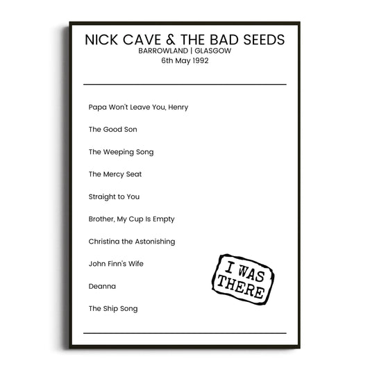 Nick Cave & the Bad Seeds Glasgow 06 May 1992 Setlist Poster