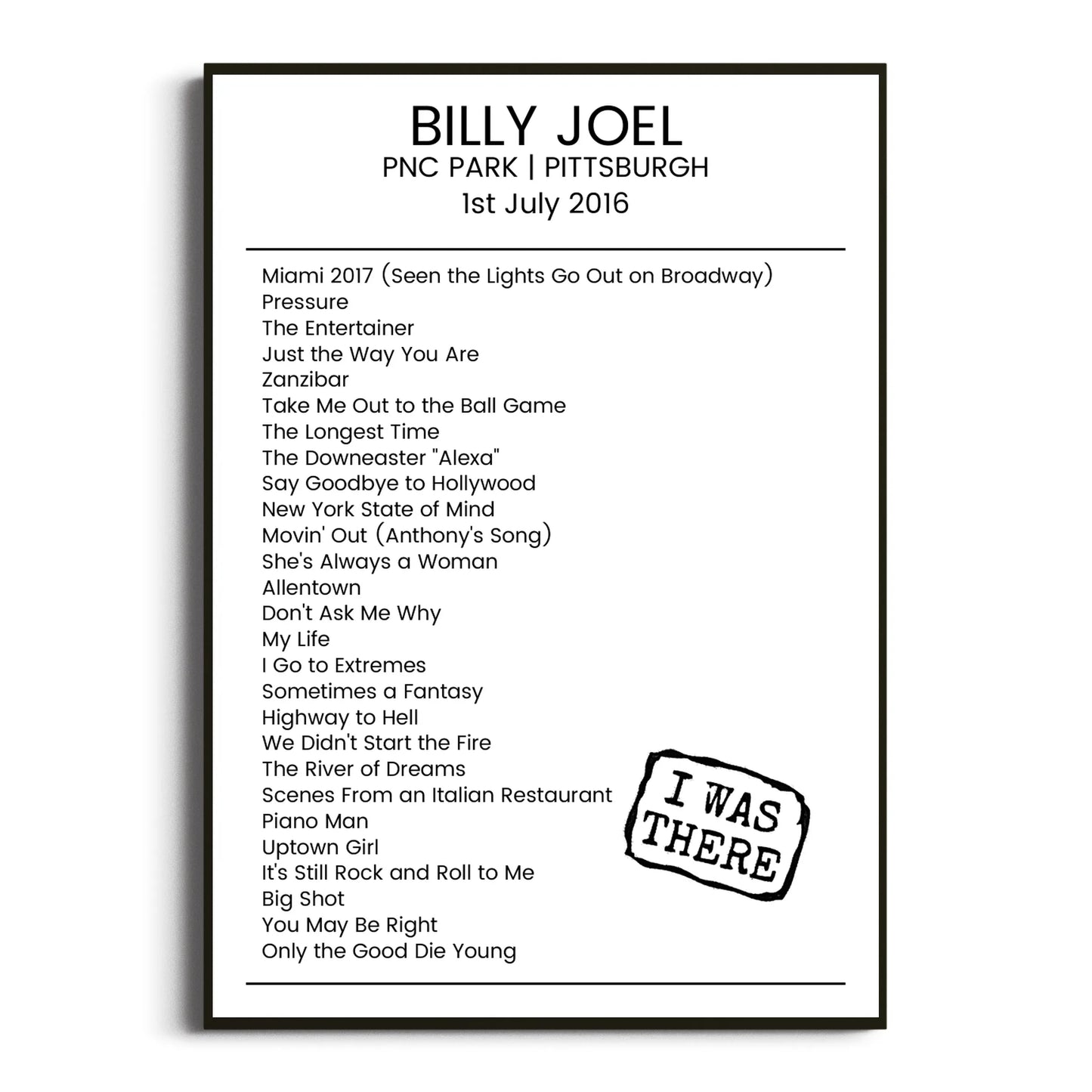 Billy Joel Pittsburgh 01 July 2016 Setlist Poster