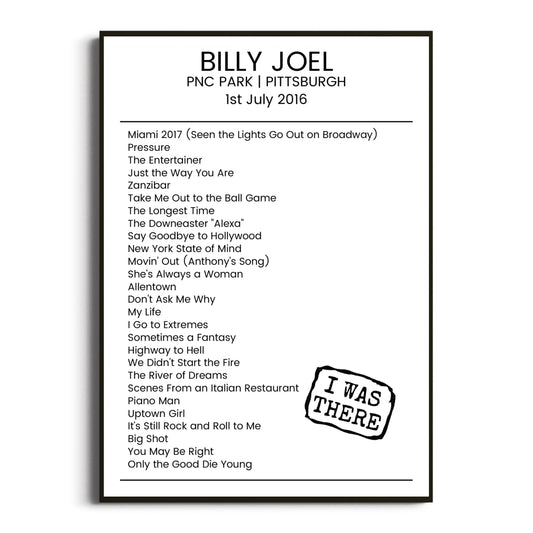 Billy Joel Pittsburgh 01 July 2016 Setlist Poster