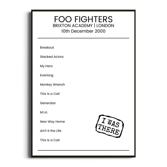 Foo Fighters London 10 December 2000 Setlist Poster