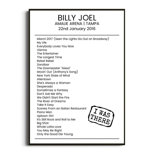 Billy Joel Tampa 22 January 2016 Setlist Poster