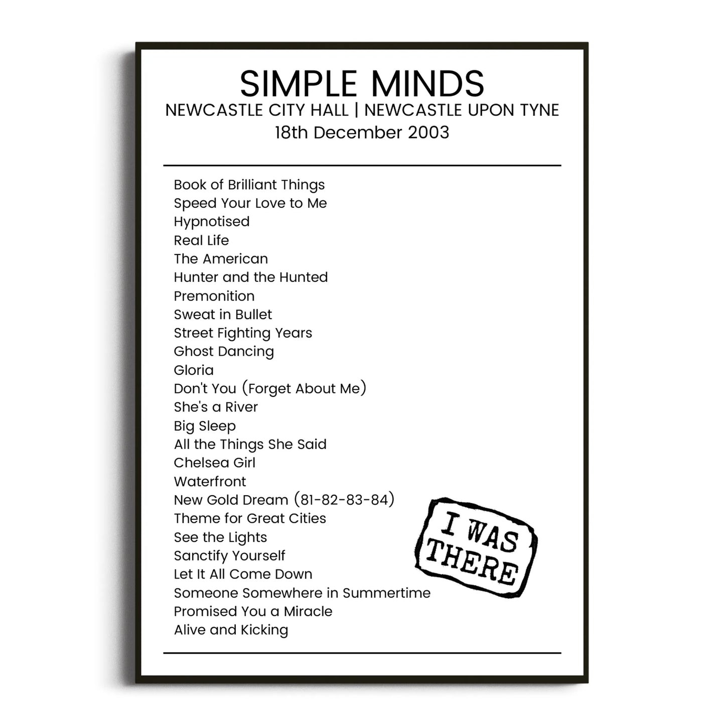 Simple Minds Newcastle upon Tyne 18 December 2003 Setlist Poster