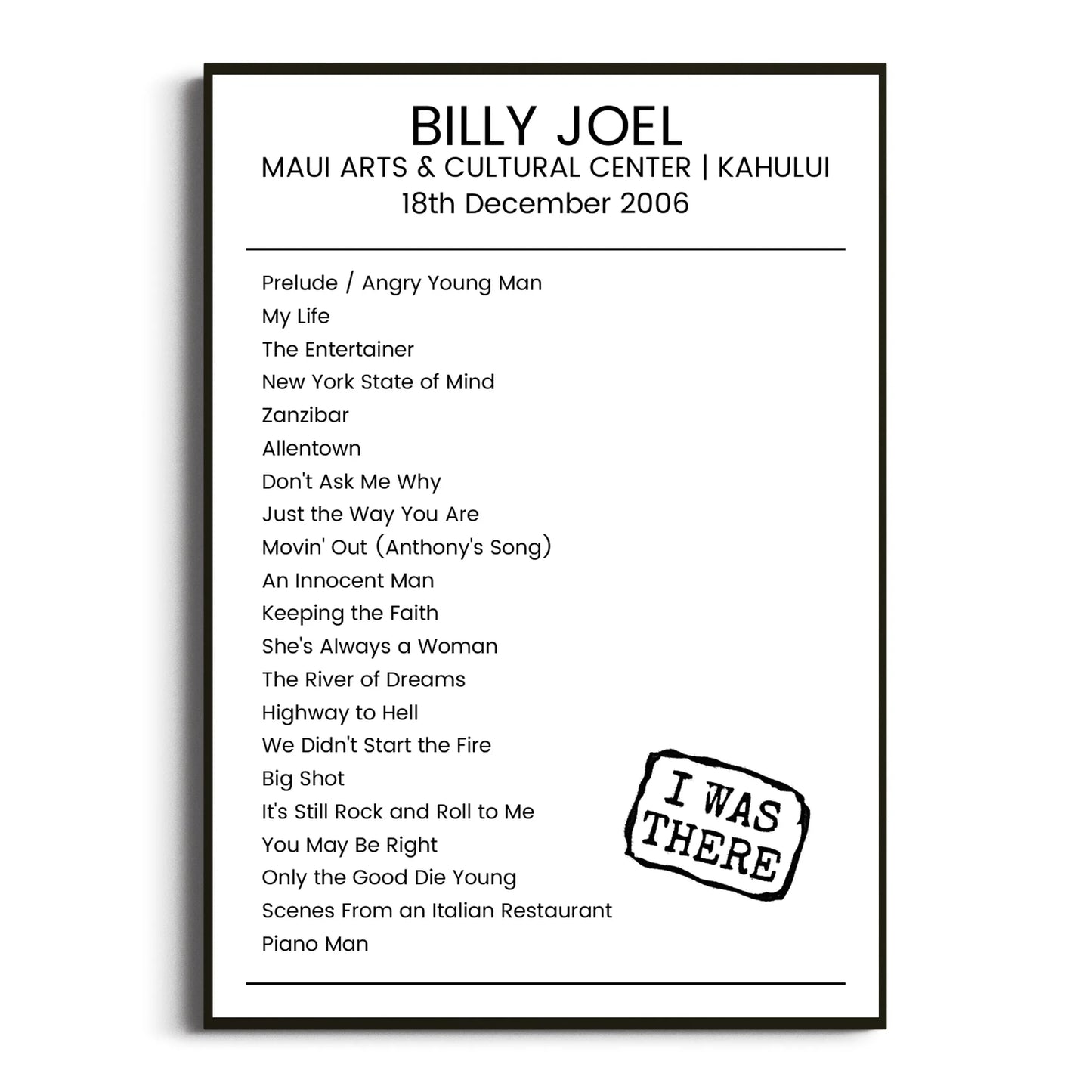 Billy Joel Kahului 18 December 2006 Setlist Poster