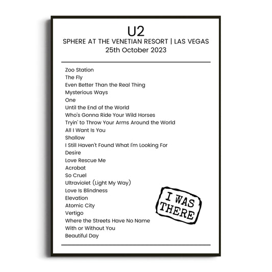 U2 Las Vegas 25 October 2023 Setlist Poster