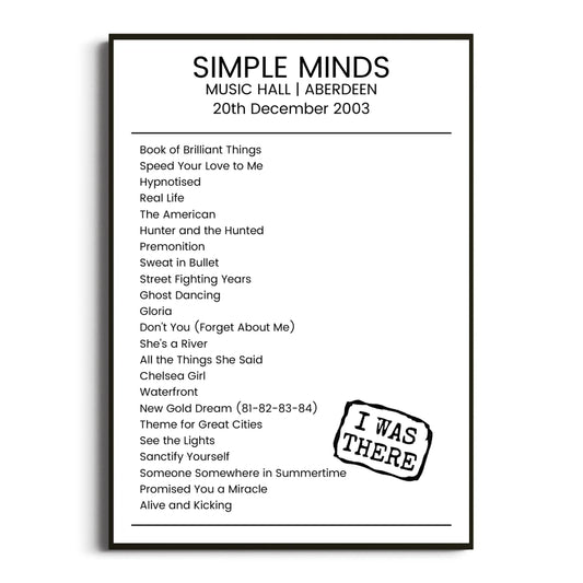 Simple Minds Aberdeen 20 December 2003 Setlist Poster