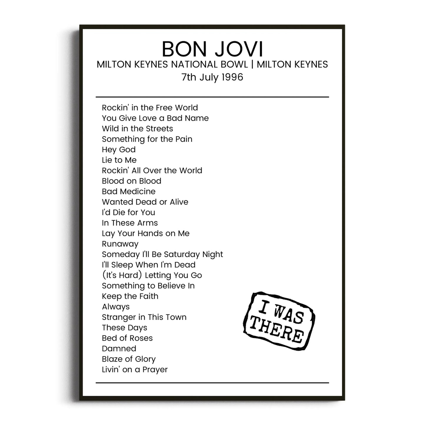 Bon Jovi Milton Keynes 07 July 1996 Setlist Poster