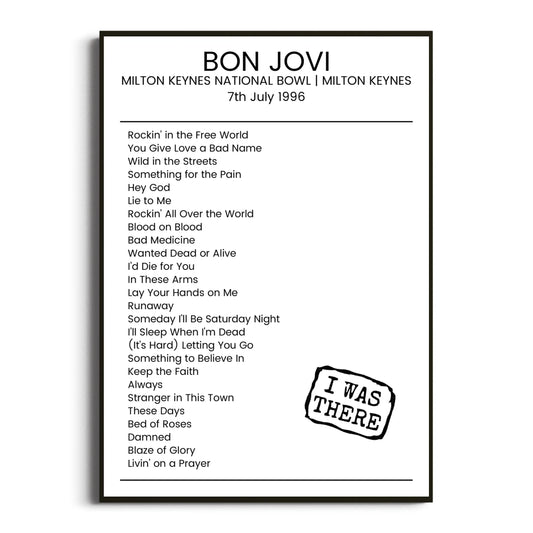 Bon Jovi Milton Keynes 07 July 1996 Setlist Poster