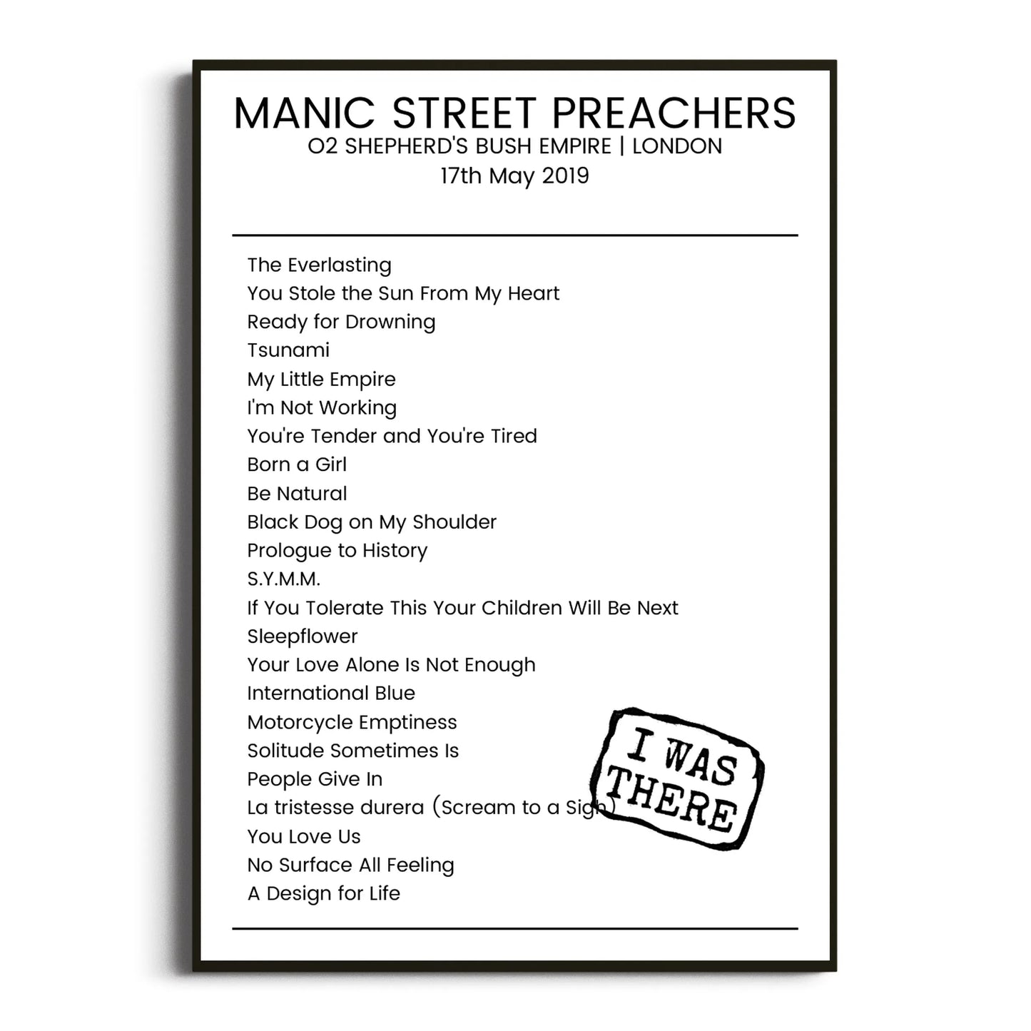 Manic Street Preachers London 17 May 2019 Setlist Poster