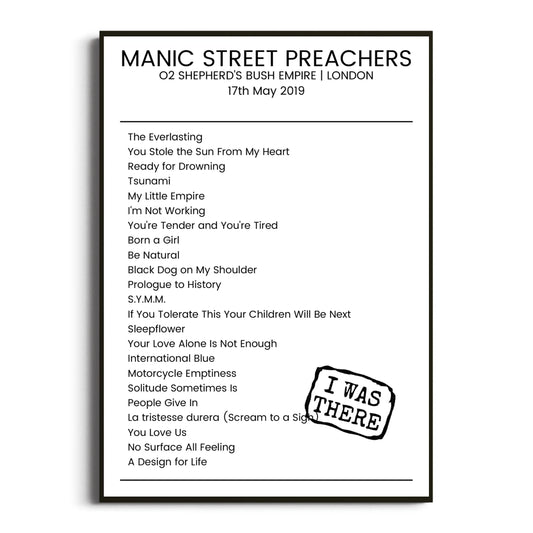 Manic Street Preachers London 17 May 2019 Setlist Poster