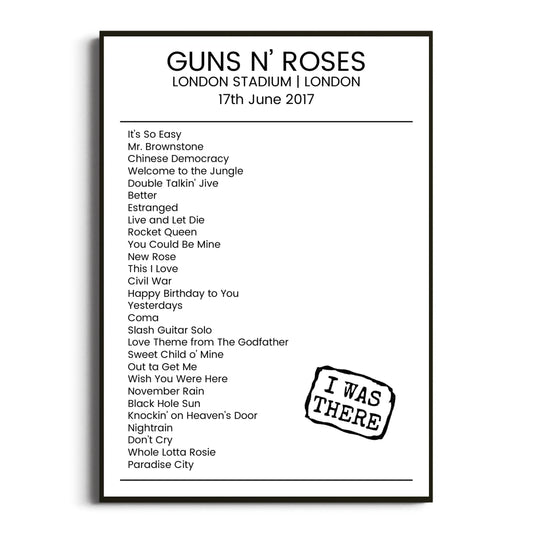 Guns N’ Roses London 17 June 2017 Setlist Poster