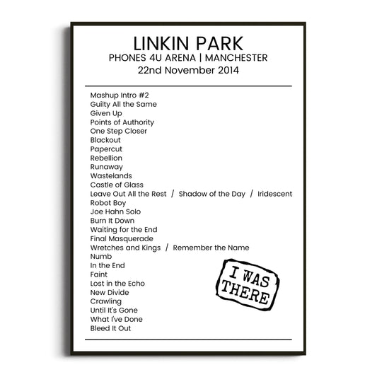 Linkin Park Manchester 22 November 2014 Setlist Poster